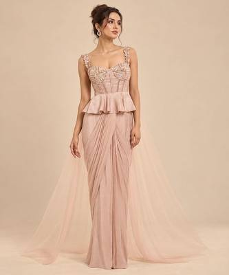 Rose gold peplum top saree set 1