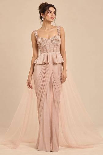 Rose gold peplum top saree set