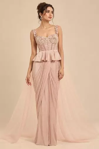 Rose gold peplum top saree set