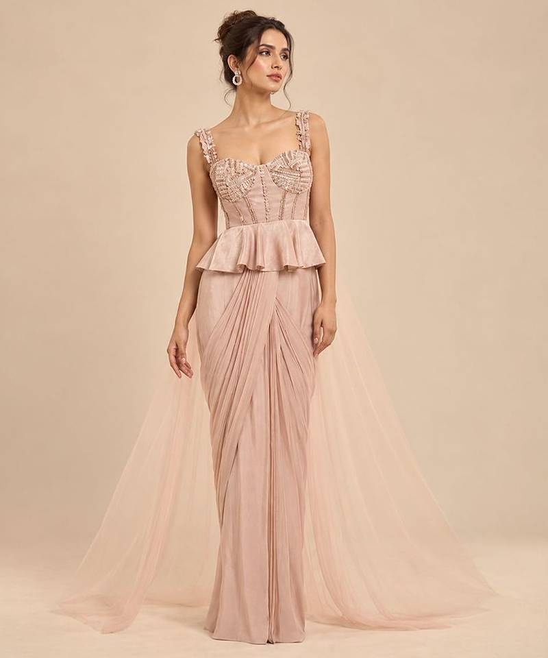 Rose gold peplum top saree set