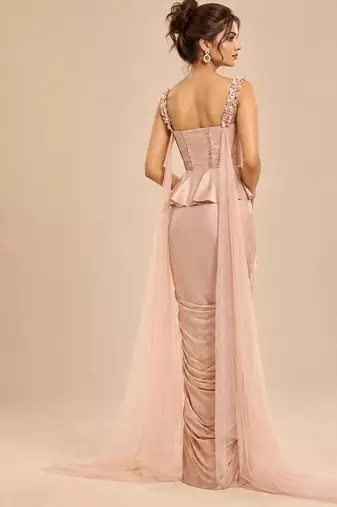 Rose gold peplum top saree set