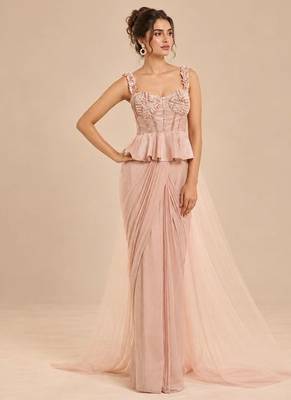 Rose gold peplum top saree set 3