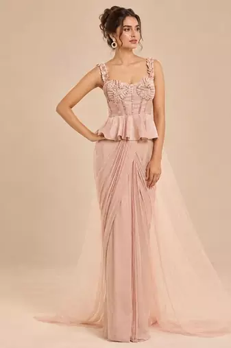 Rose gold peplum top saree set