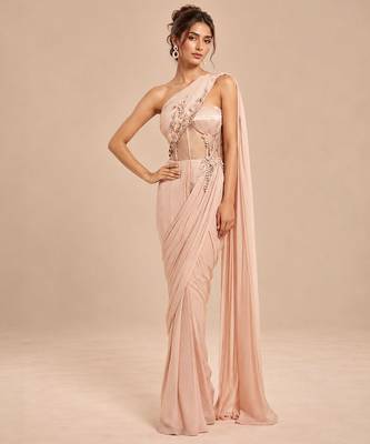 Rose gold corset embroidered saree set 1