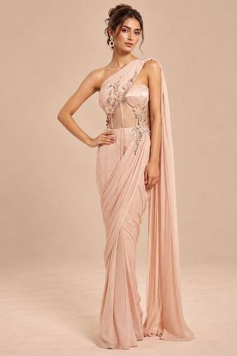 Rose gold corset embroidered saree set