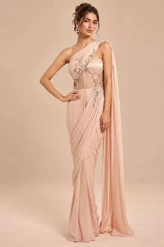 Rose gold corset embroidered saree set