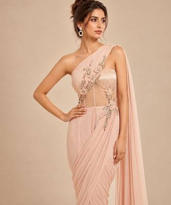 Rose gold corset embroidered saree set 2