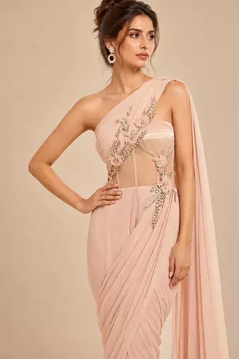 Rose gold corset embroidered saree set