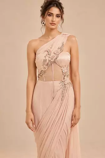 Rose gold corset embroidered saree set