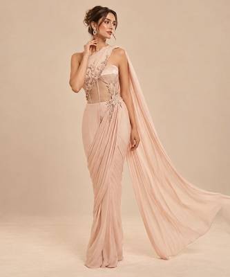 Rose gold corset embroidered saree set 4