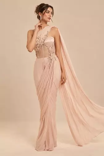 Rose gold corset embroidered saree set