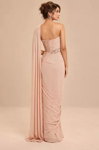 Rose gold corset embroidered saree set