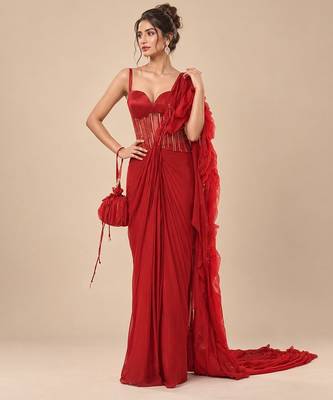 Red embroidered sheer corset saree set with potli bag 1