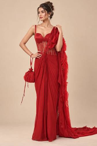 Red embroidered sheer corset saree set with potli bag