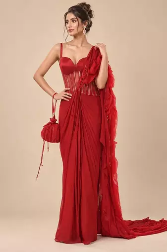 Red embroidered sheer corset saree set with potli bag