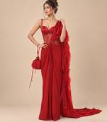 Red embroidered sheer corset saree set with potli bag