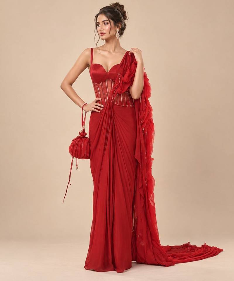 Red embroidered sheer corset saree set with potli bag
