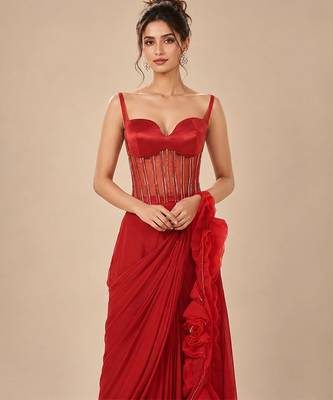 Red embroidered sheer corset saree set with potli bag 2