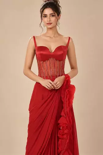 Red embroidered sheer corset saree set with potli bag