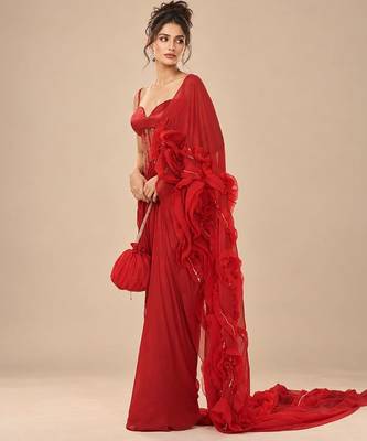 Red embroidered sheer corset saree set with potli bag 3