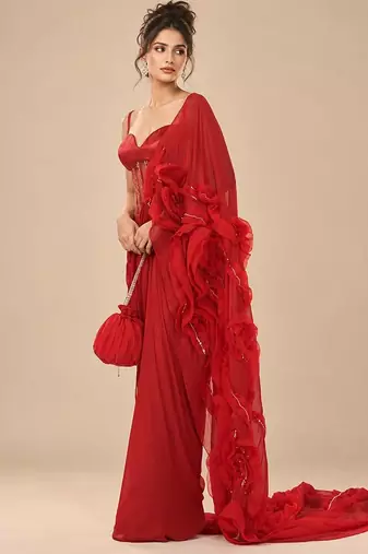 Red embroidered sheer corset saree set with potli bag