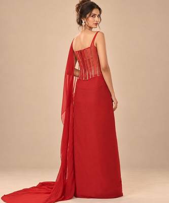 Red embroidered sheer corset saree set with potli bag 4