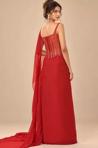 Red embroidered sheer corset saree set with potli bag