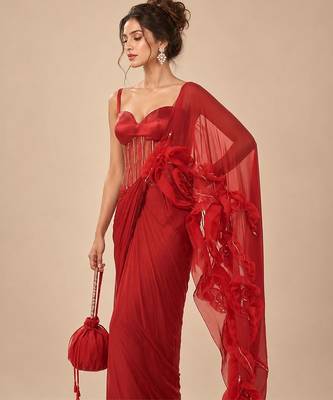 Red embroidered sheer corset saree set with potli bag 5