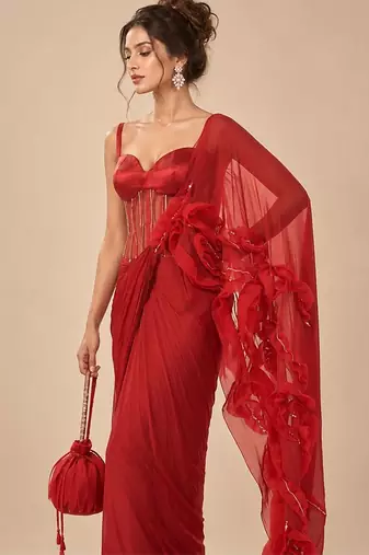 Red embroidered sheer corset saree set with potli bag