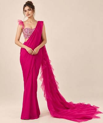 Hot pink crepe and net ruffle saree set 1