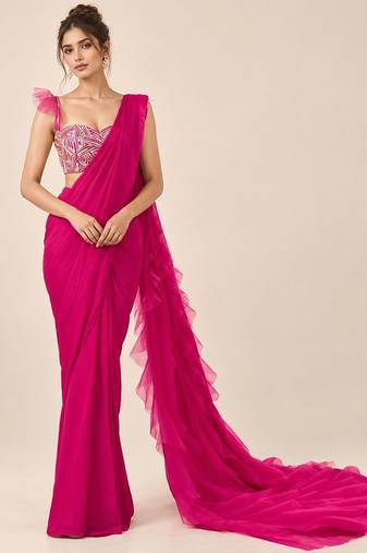 Hot pink crepe and net ruffle saree set