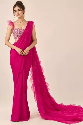 Hot pink crepe and net ruffle saree set
