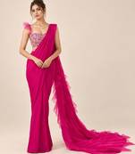 Hot pink crepe and net ruffle saree set