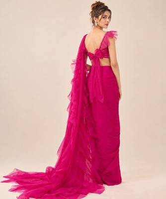 Hot pink crepe and net ruffle saree set 2