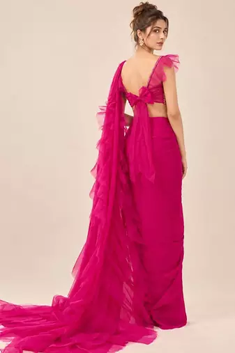 Hot pink crepe and net ruffle saree set