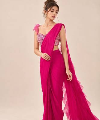 Hot pink crepe and net ruffle saree set 3