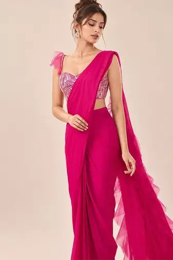 Hot pink crepe and net ruffle saree set
