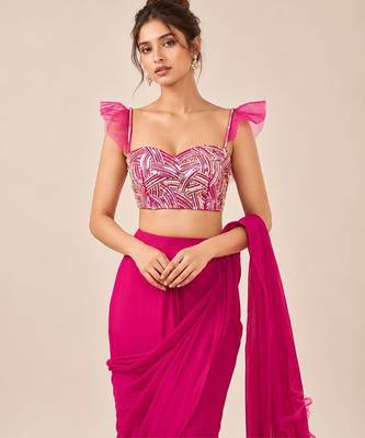 Hot pink crepe and net ruffle saree set 4