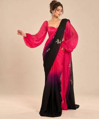 Hot pink black ombre satin organza embroidered saree set 1