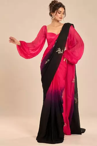 Hot pink black ombre satin organza embroidered saree set