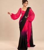 Hot pink black ombre satin organza embroidered saree set