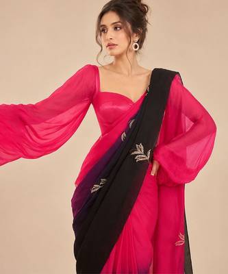 Hot pink black ombre satin organza embroidered saree set 2