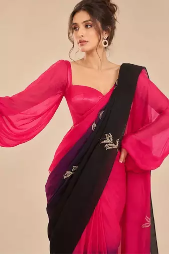 Hot pink black ombre satin organza embroidered saree set