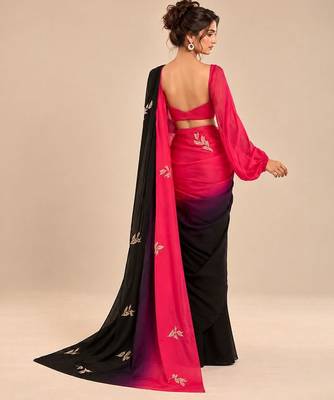 Hot pink black ombre satin organza embroidered saree set 3