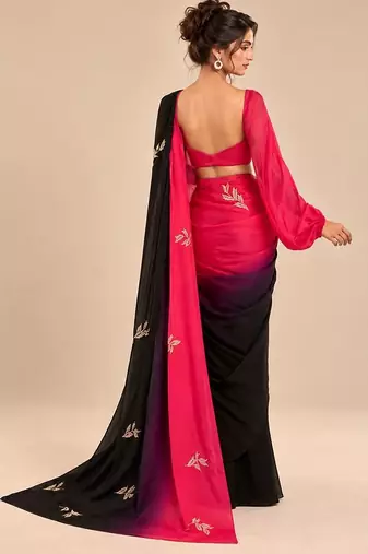 Hot pink black ombre satin organza embroidered saree set