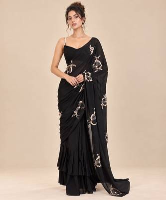 Black crepe embroidered saree set 1