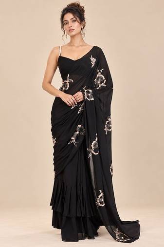 Black crepe embroidered saree set