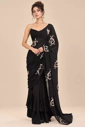 Black crepe embroidered saree set