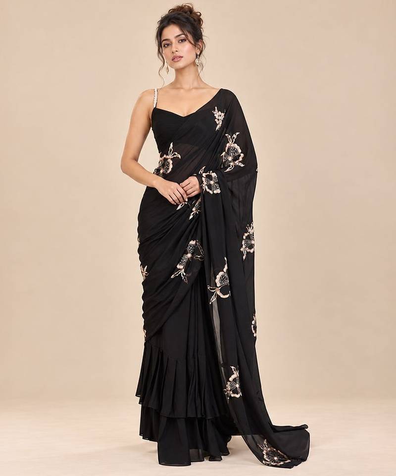 Black crepe embroidered saree set