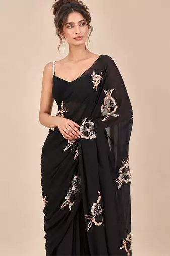 Black crepe embroidered saree set